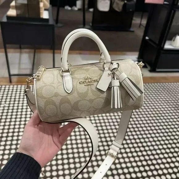 COACH LACEY Top Handle Crossbody Bag Signature Canvas Chalk Khaki Tassel CK689